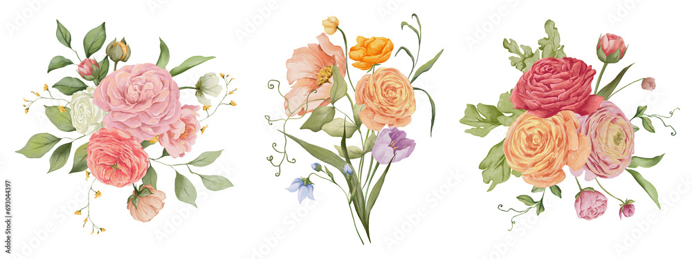 Watercolor floral bouquet. Watercolor hand drawn floral arrangements