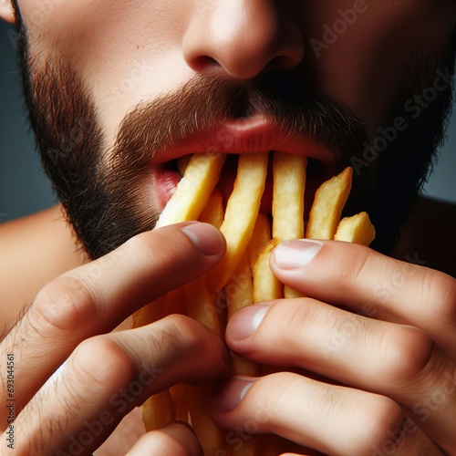 A person indulging in crispy golden French fries. The fries are held close to the mouth and appear delicious. photo