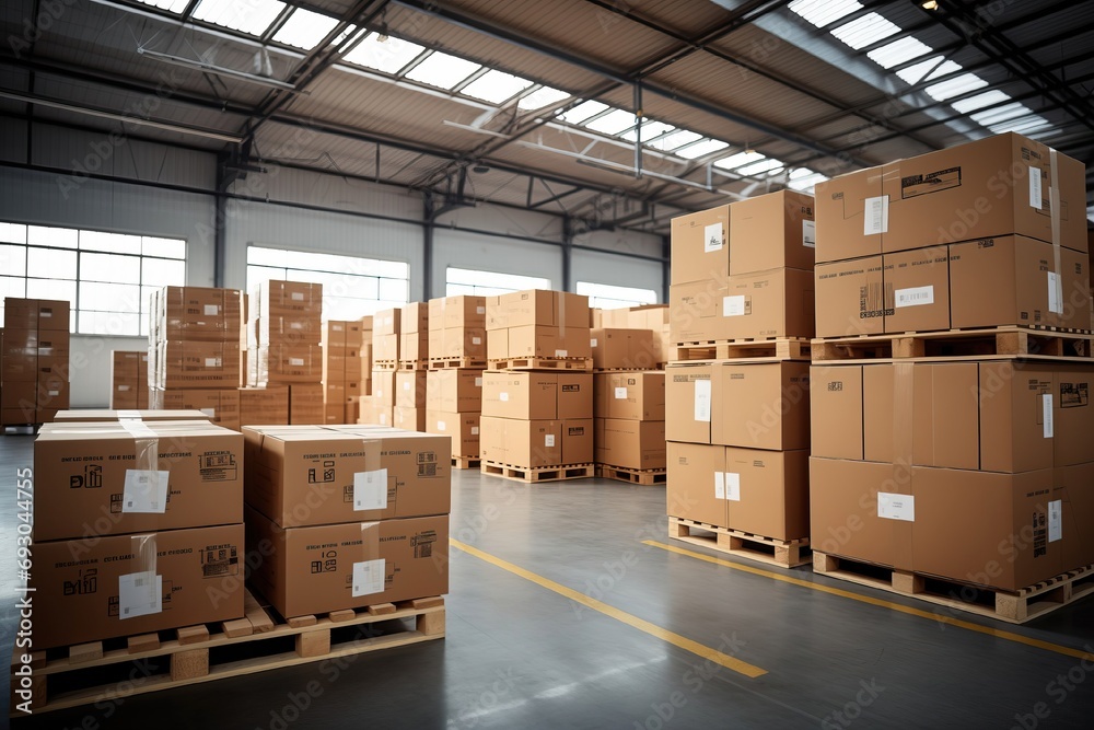 Cardboard Boxes Arranged on Pallets in a Spacious Distribution Warehouse Cardboard Boxes Arranged on Pallets in a Spacious Distribution Warehouse