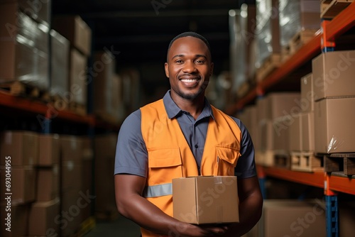 Happy Male Warehouse Worker Holding Box and Smiling at Camera