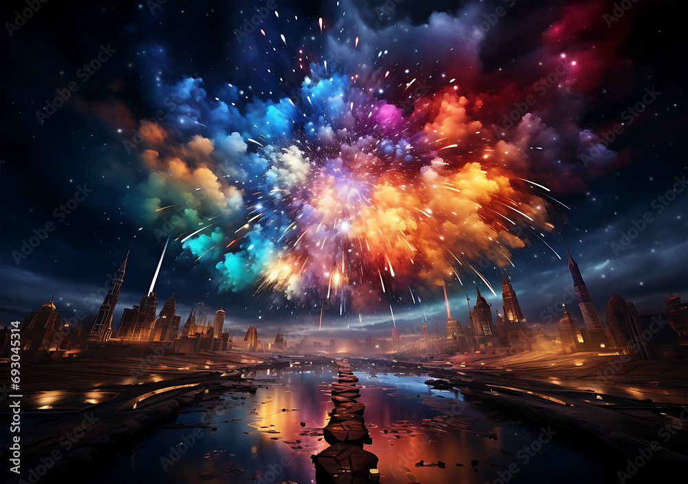 Beautiful scene of a Happy New Year celebration with a colorful fireworks display
