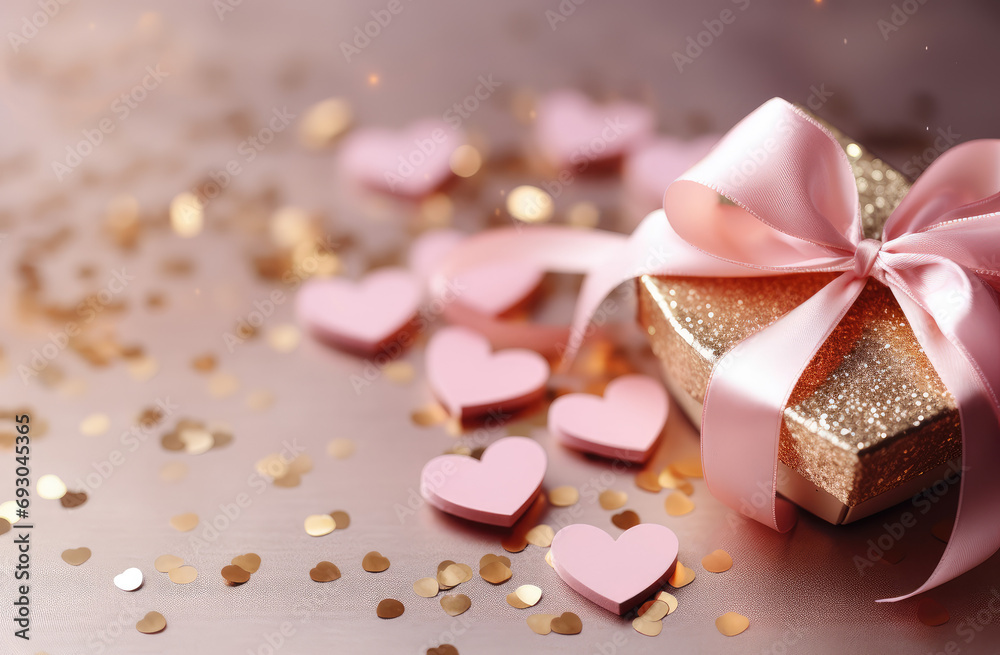 Pink ribbon and golden hearts on valentines Day valentines day background valentine s day polaroid, in the style of dark beige and gold, kawaii chic, luxurious, texture-rich, pastel-hued, vibrant, met Pink ribbon and golden hearts on valentines Day valentines day background valentine s day polaroid, in the style of dark beige and gold, kawaii chic, luxurious, texture-rich, pastel-hued, vibrant, met