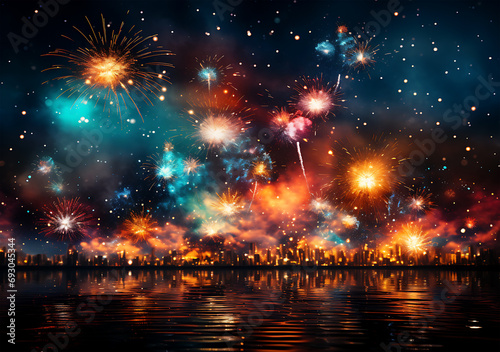 Beautiful scene of a Happy New Year celebration with a colorful fireworks display