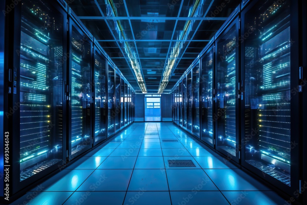 Fully Operational Data Processing Center with Rows of Server Racks Fully Operational Data Processing Center with Rows of Server Racks