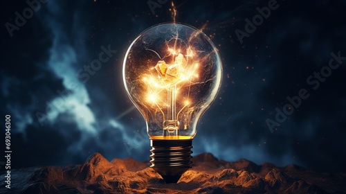 A glowing light bulb on a dark background photo