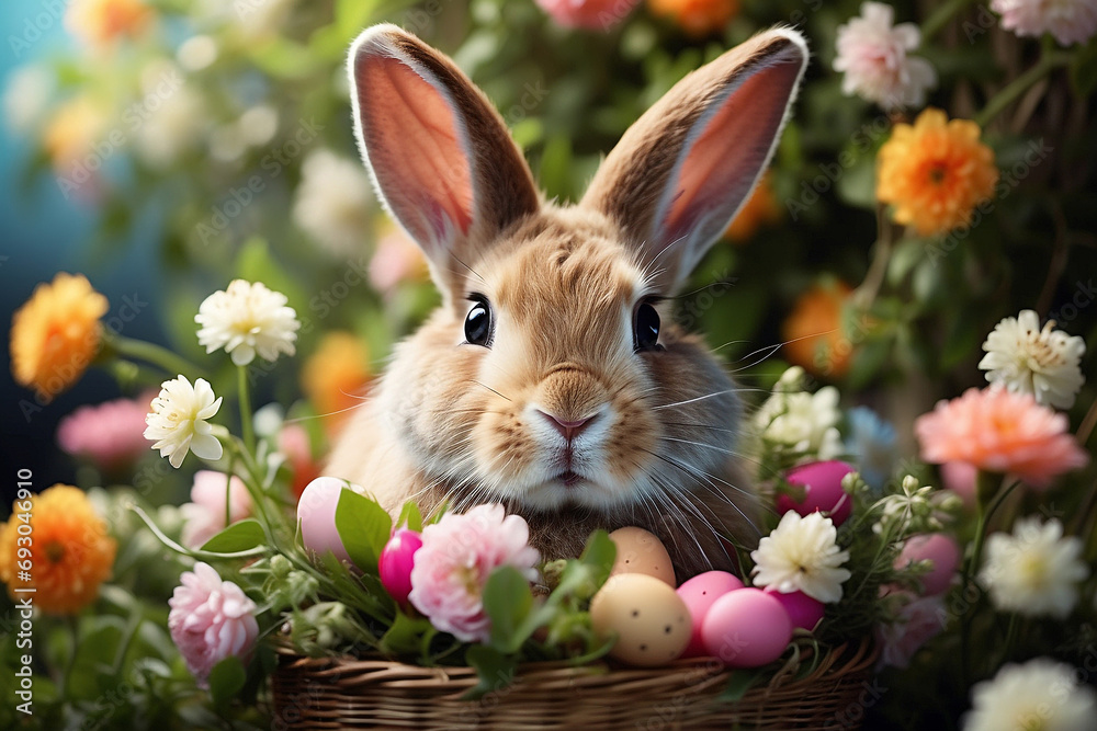  A charming Easter bunny figurine placed against a backdrop of pastel colors or flowers. Capturing the details of the bunny to emphasize its cuteness.