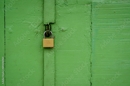 Padlock on green wooden gate forming a textured background.