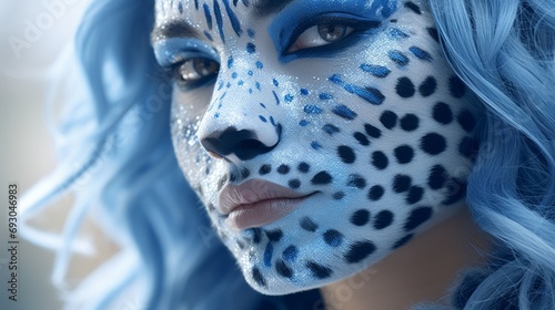 A close up of a woman face with blue hair and leopard makeup
