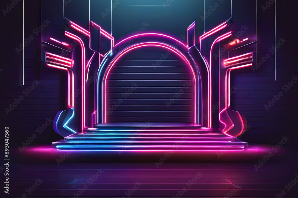 Dynamic 3D product podium with futuristic neon tunnel lighting Showcase promotion in abstract geometric scene 