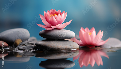 Tranquil scene of pink flower in peaceful water generated by AI photo