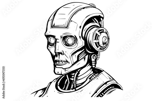 Hand-Drawn AI Robot Cyborg in a Timeless Vintage Engraved Style. Vector Illustration.