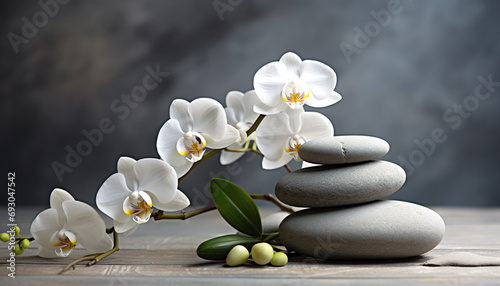 Tranquil scene of balance, orchid, stone, and flower generated by AI