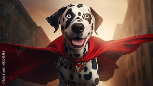 A dalmatian dog wearing a red cape photo