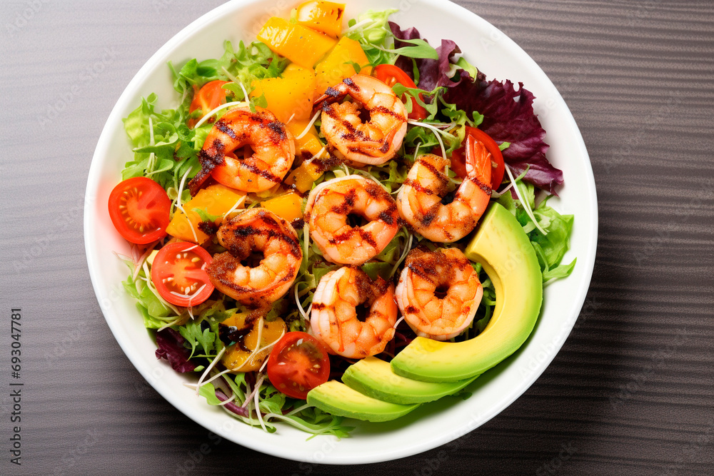 Top view, salad with spinach, shrimp and avocado. Top view, salad with spinach, shrimp and avocado.