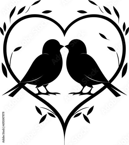 vector silhouettes of birds at tree, hand drawn songbirds at branch, Valentine s symbol, a pair of lovers, isolated vector element. AI generated illustration.