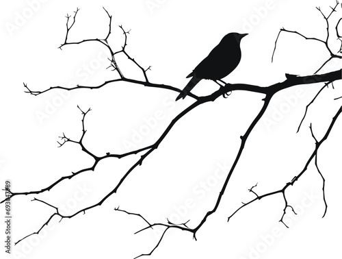 Black silhouette bird on the branch. Sparrow. For banner  poster  icon  badge. Vector illustration. AI generated illustration.