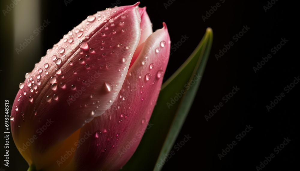 Vibrant tulip blossom, wet with dew, on black background generated by AI