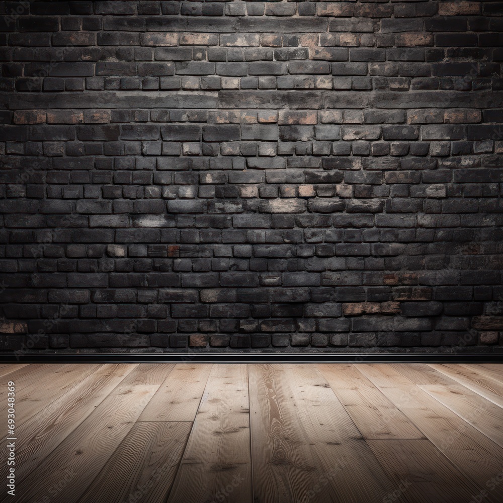 Black room with brick wall and wood floor