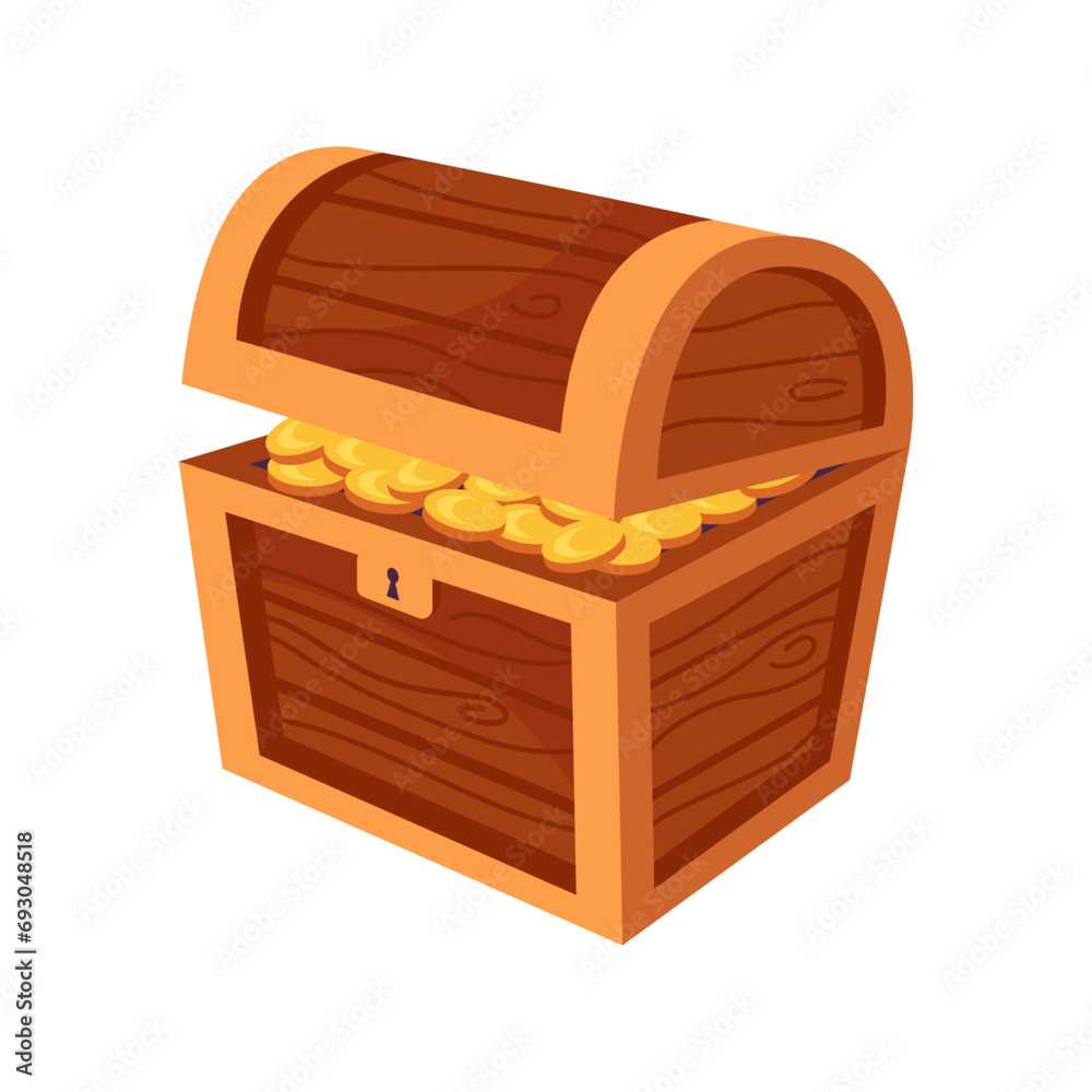 Cartoon wooden chest with a lock, treasures, piles of gold coins and jewelry. illustration for game development, design elements, childrens board game, book. Pirate doubloons. Travel and adventure Cartoon wooden chest with a lock, treasures, piles of gold coins and jewelry. illustration for game development, design elements, childrens board game, book. Pirate doubloons. Travel and adventure