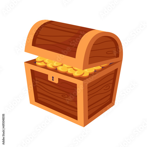Cartoon wooden chest with a lock, treasures, piles of gold coins and jewelry. illustration for game development, design elements, childrens board game, book. Pirate doubloons. Travel and adventure