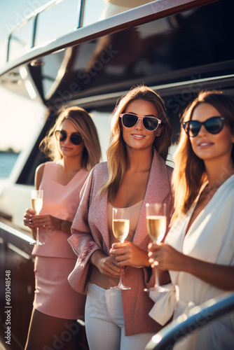 Group of glamorous women wearing sunglasses having fun during cocktail party on luxurious yacht.