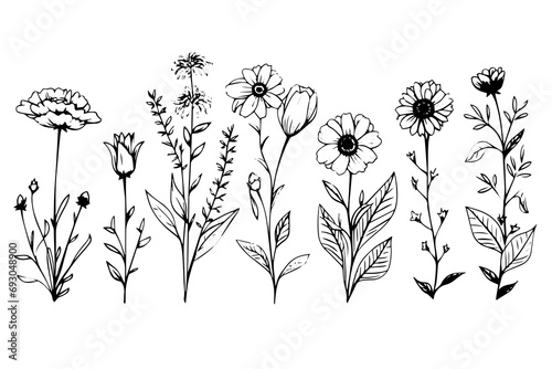 Hand drawn ink sketch of meadow wild flower set. Engraved style vector illustration.