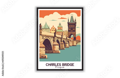 Charles Bridge, Prague. Vintage Travel Posters. Vector illustration, art. Famous Tourist Destinations Posters Art Prints Wall Art and Print Set Abstract Travel for Hikers Campers Living Room Decor