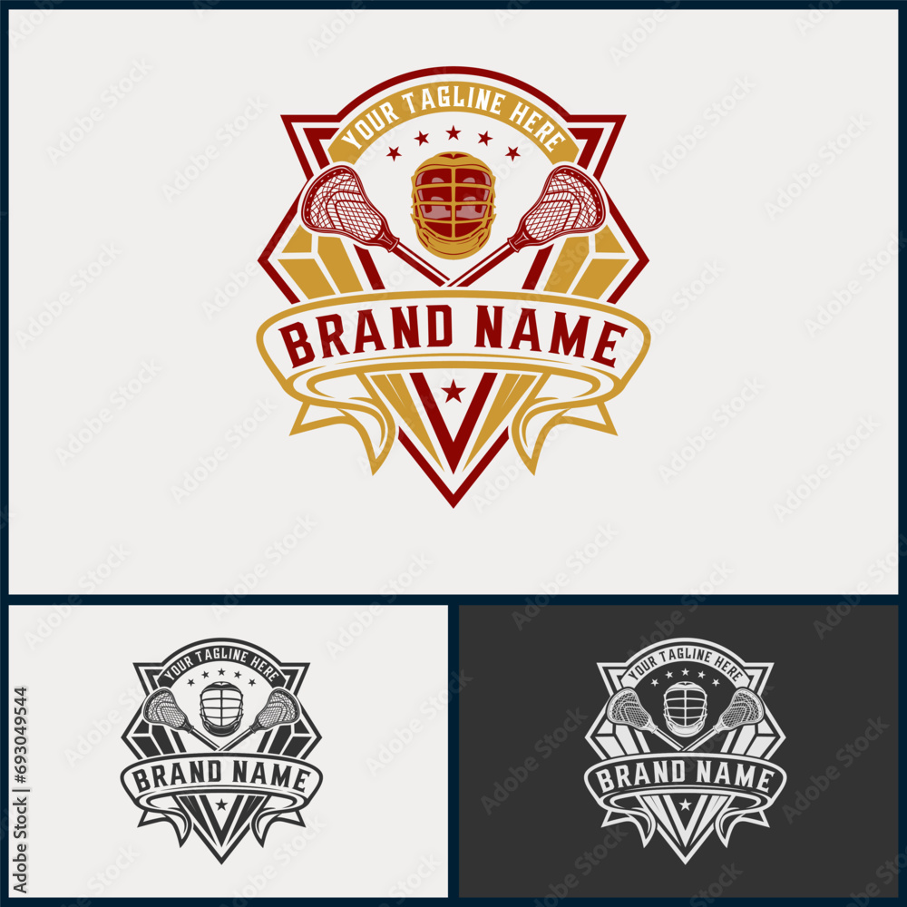 Obraz premium Lacrosse logo. Lacrosse helmet and stick, Lacrosse sport team design
