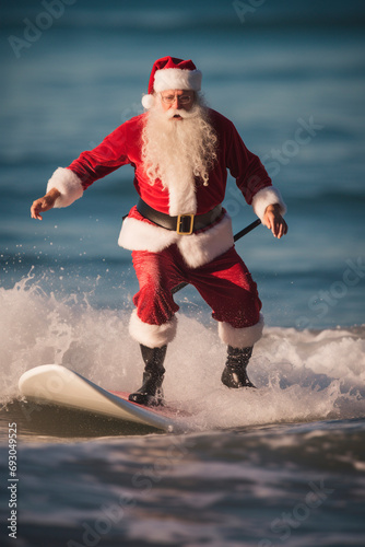 Santa surfer. Santa Claus in a red suit and a red hat stands on a surfboard.