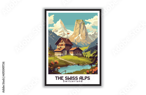 The Swiss Alps. Vintage Travel Posters. Vector illustration, art. Famous Tourist Destinations Posters Art Prints Wall Art and Print Set Abstract Travel for Hikers Campers Living Room Decor