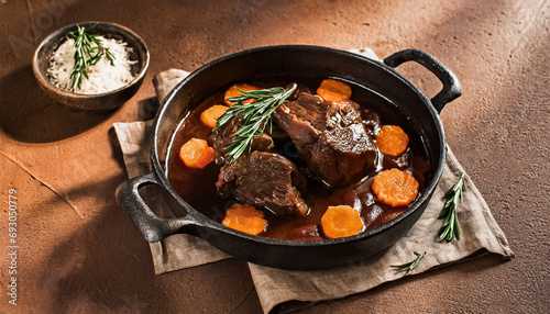 braised beef cheeks in brown red wine sauce with carrots in black pan photo