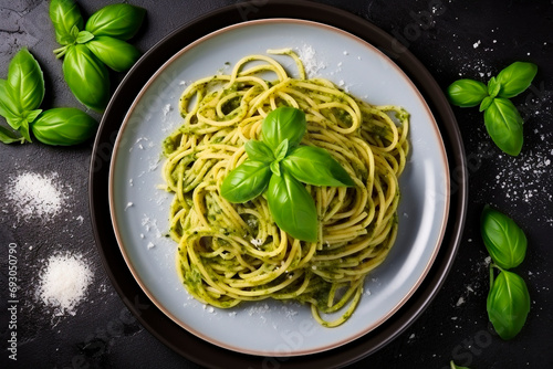 Top view, green pasta in a plate with pesto sauce.
