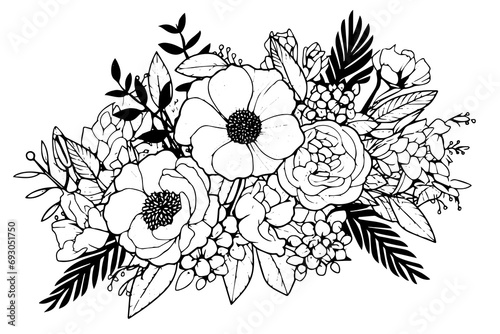 Hand drawn ink sketch of meadow wild flower composition. Engraved style vector illustration.