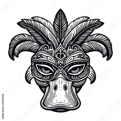 duck wearing carnival mask and feathers vector sketch