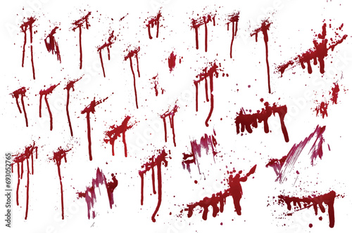 Various blood paint splatter sets. red paint background. Grunge red blood splash set