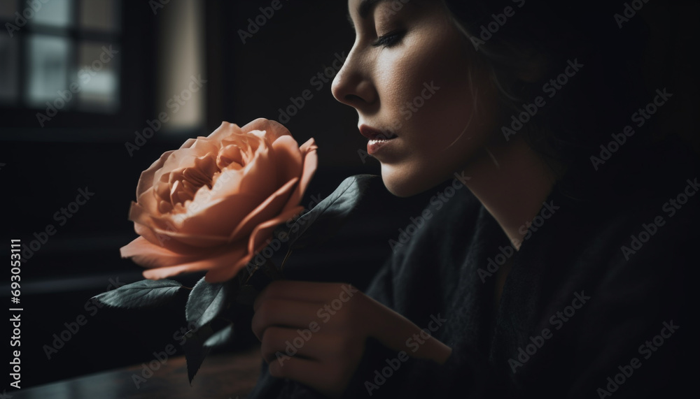 Young adult females holding single flowers, looking at window, sensuality generated by AI