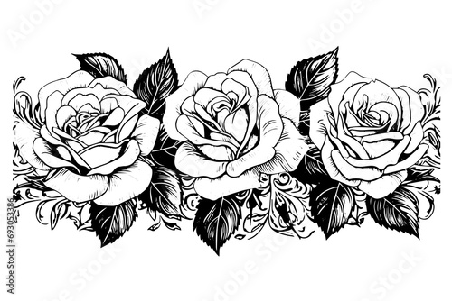 Rose flower border hand drawn ink sketch. Engraving style vector illustration
