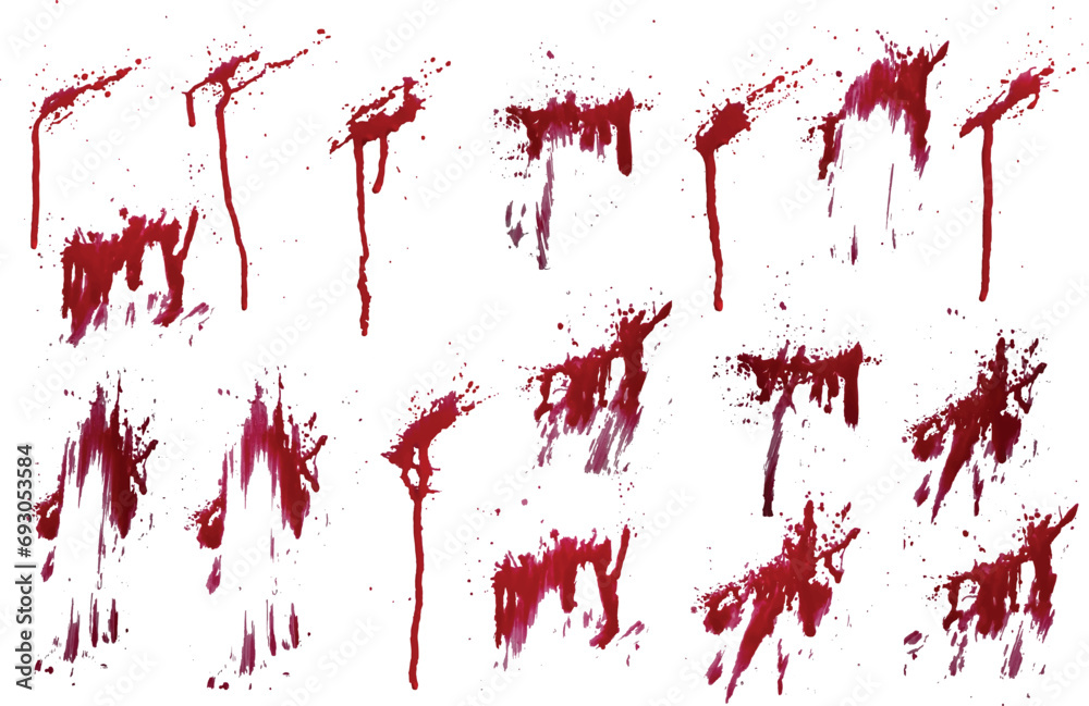 Blood spatter realistic vector background set. red blood  paint splashes set. Realistic set of blood splatter vector - obrazy, fototapety, plakaty 