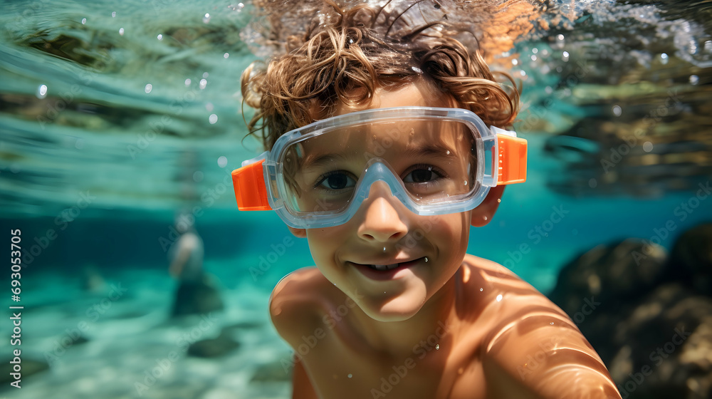 Fototapeta premium Joyful child snorkeling underwater with tropical fish around