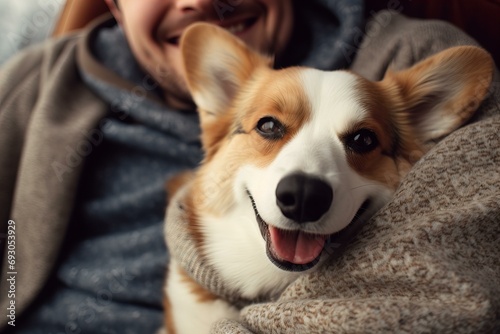 a man in neutral color cosy sweater sitting in the armchair with corgi dog cuddling in his lap, cosy vibes, close up macro detail