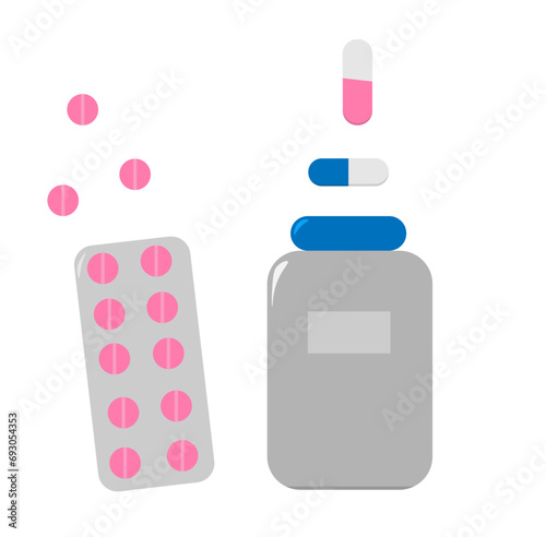 a blister with tablets and a jar with capsules medicine on a white background