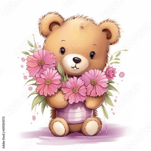 Teddy bear with bouquet of pink flowers on white background