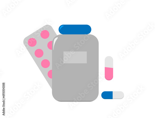tablets blister jar with capsules and capsules separately on a white background