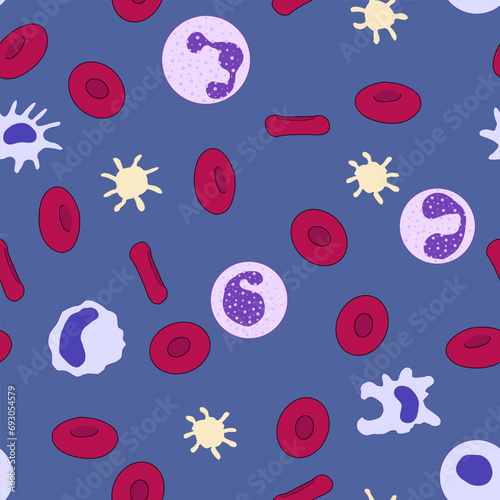 Flat cartoon seamless pattern of red and white blood cells on deep blue background.