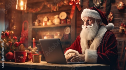 Happy old Santa Claus using laptop computer at home late on Christmas eve. Ecommerce website Boxing Day time holiday online shopping e commerce sale.