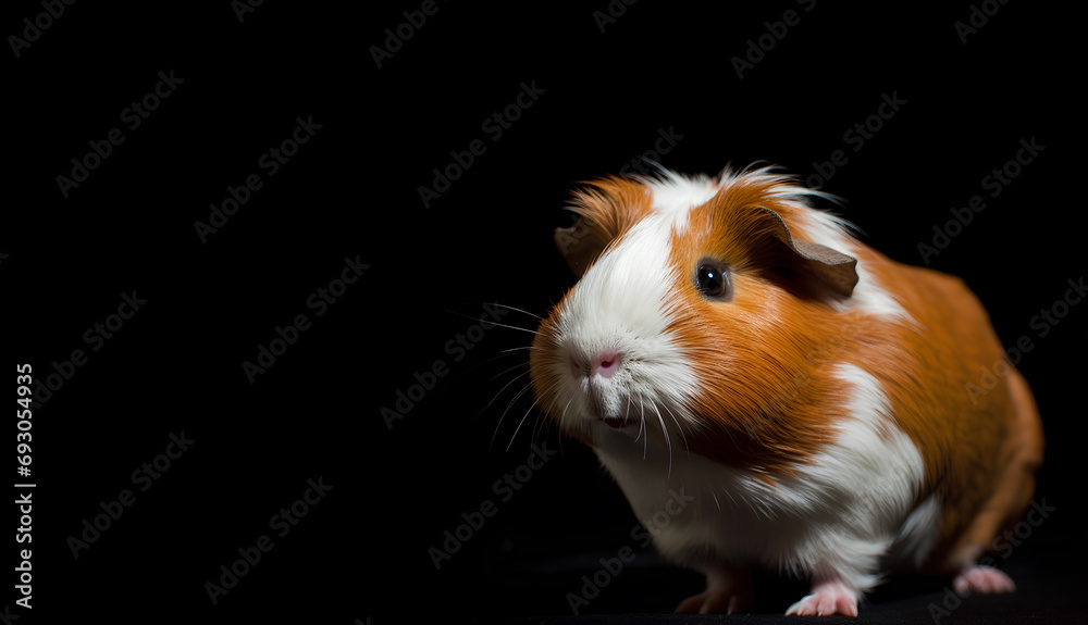 Close-up of red and white guinea pig isolated on black background with copy space Close-up of red and white guinea pig isolated on black background with copy space