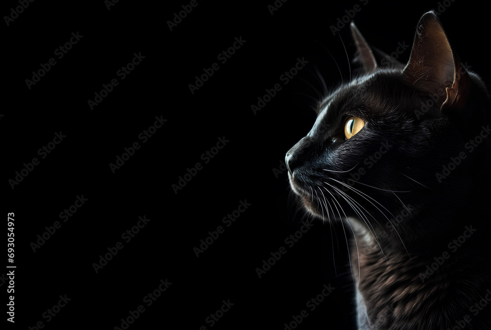 Profile portrait of black cat on a black background with copy space