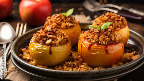 Fruit dessert baked red apples stuffed with granola. Generative AI