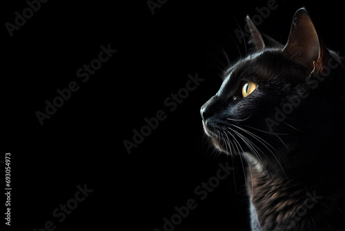 Profile portrait of black cat on a black background with copy space