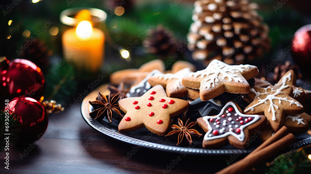 decorated Cooking Christmas gingerbread freshly baked cookies with icing. Generative AI